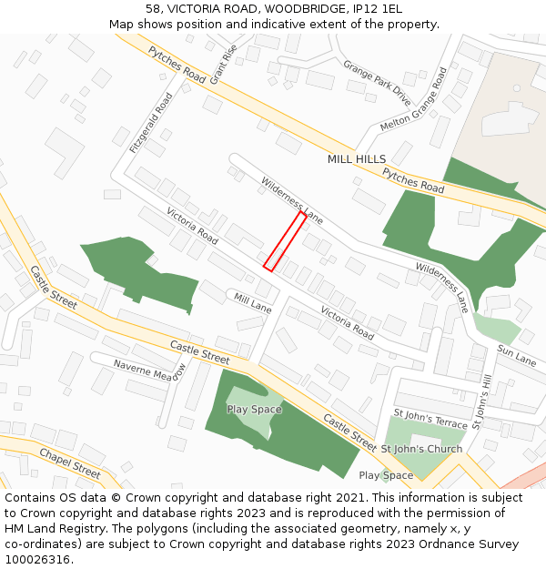 58, VICTORIA ROAD, WOODBRIDGE, IP12 1EL: Location map and indicative extent of plot