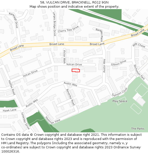 58, VULCAN DRIVE, BRACKNELL, RG12 9GN: Location map and indicative extent of plot