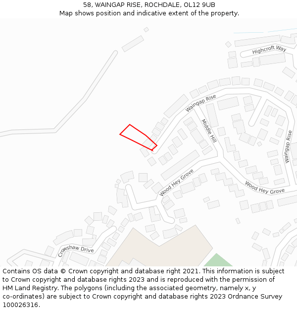 58, WAINGAP RISE, ROCHDALE, OL12 9UB: Location map and indicative extent of plot