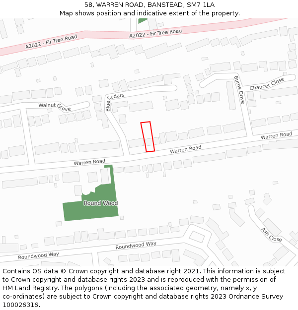 58, WARREN ROAD, BANSTEAD, SM7 1LA: Location map and indicative extent of plot