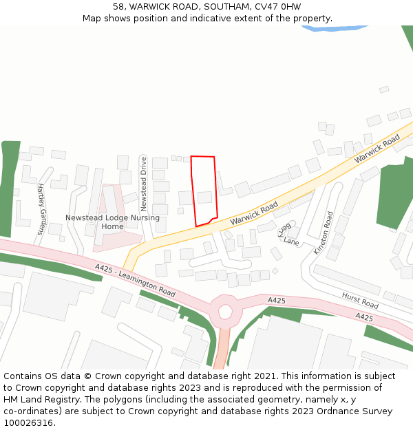 58, WARWICK ROAD, SOUTHAM, CV47 0HW: Location map and indicative extent of plot