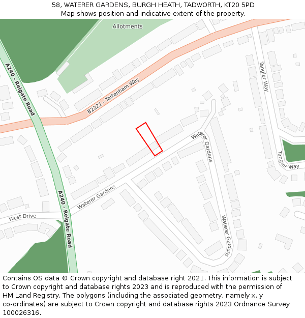 58, WATERER GARDENS, BURGH HEATH, TADWORTH, KT20 5PD: Location map and indicative extent of plot