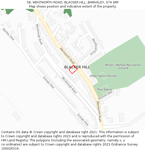 58, WENTWORTH ROAD, BLACKER HILL, BARNSLEY, S74 0RP: Location map and indicative extent of plot