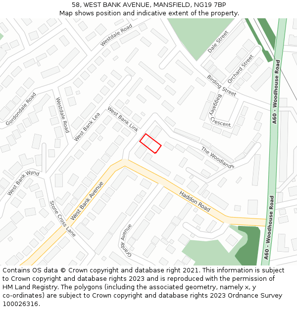 58, WEST BANK AVENUE, MANSFIELD, NG19 7BP: Location map and indicative extent of plot