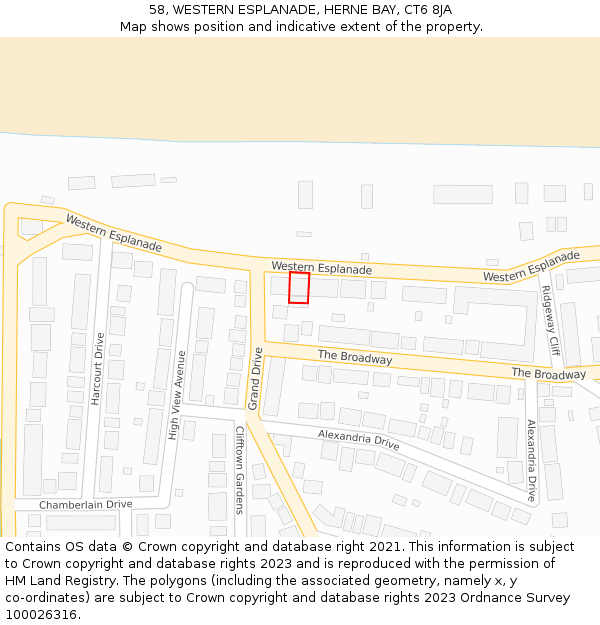 58, WESTERN ESPLANADE, HERNE BAY, CT6 8JA: Location map and indicative extent of plot