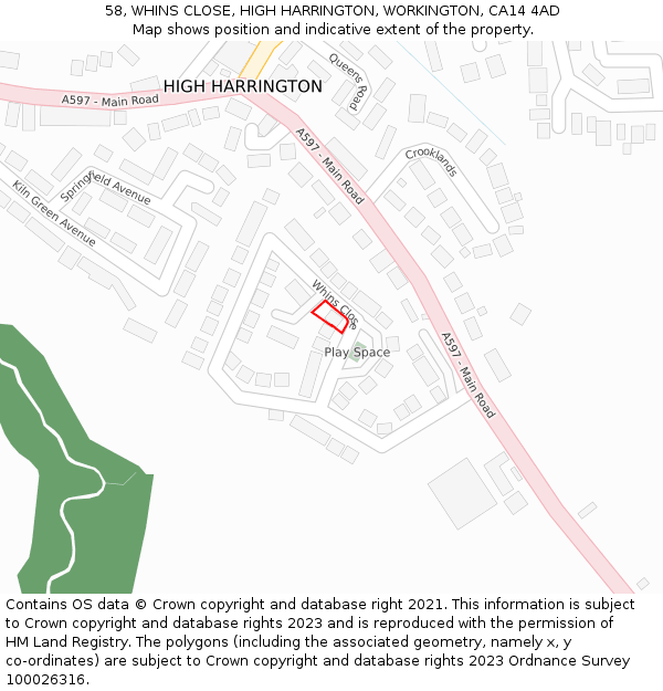 58, WHINS CLOSE, HIGH HARRINGTON, WORKINGTON, CA14 4AD: Location map and indicative extent of plot