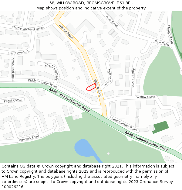 58, WILLOW ROAD, BROMSGROVE, B61 8PU: Location map and indicative extent of plot