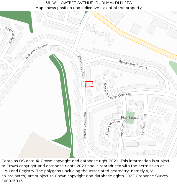 58, WILLOWTREE AVENUE, DURHAM, DH1 1EA: Location map and indicative extent of plot