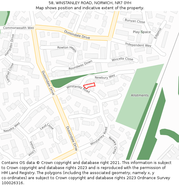 58, WINSTANLEY ROAD, NORWICH, NR7 0YH: Location map and indicative extent of plot