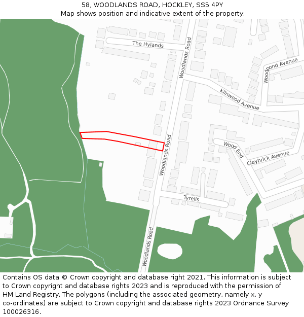 58, WOODLANDS ROAD, HOCKLEY, SS5 4PY: Location map and indicative extent of plot