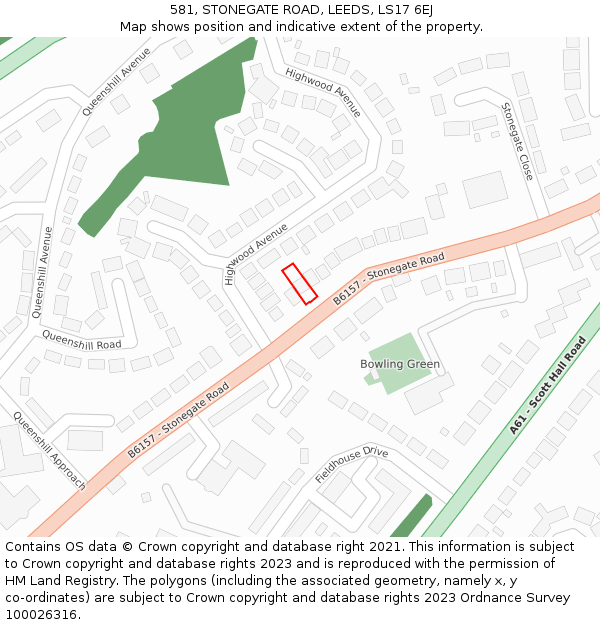 581, STONEGATE ROAD, LEEDS, LS17 6EJ: Location map and indicative extent of plot