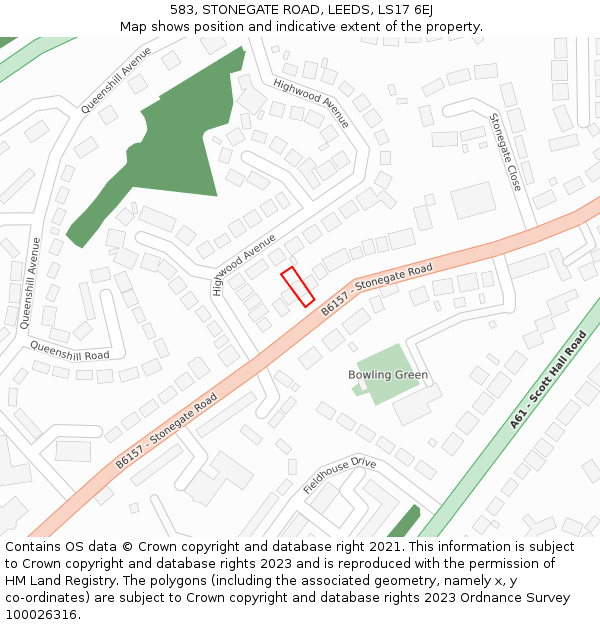 583, STONEGATE ROAD, LEEDS, LS17 6EJ: Location map and indicative extent of plot