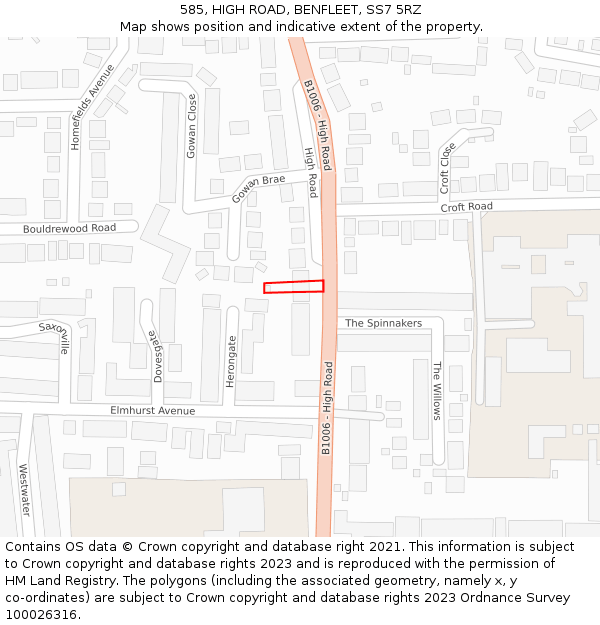 585, HIGH ROAD, BENFLEET, SS7 5RZ: Location map and indicative extent of plot