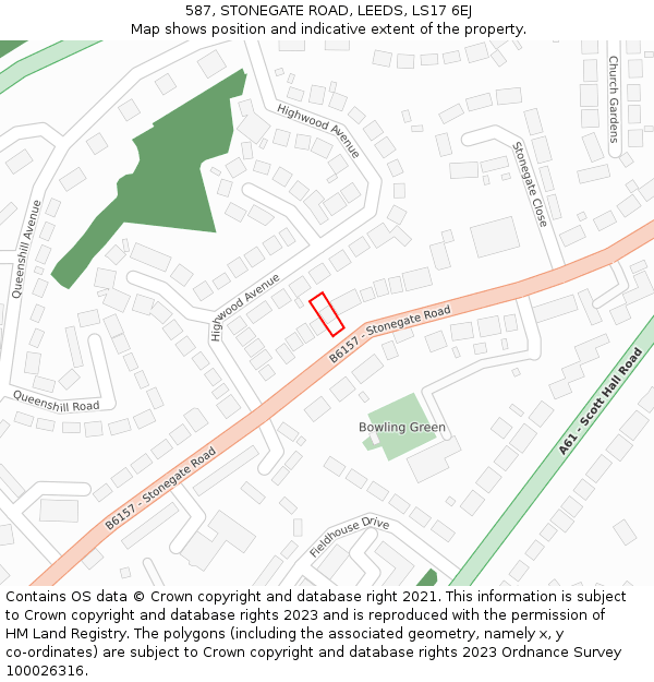 587, STONEGATE ROAD, LEEDS, LS17 6EJ: Location map and indicative extent of plot