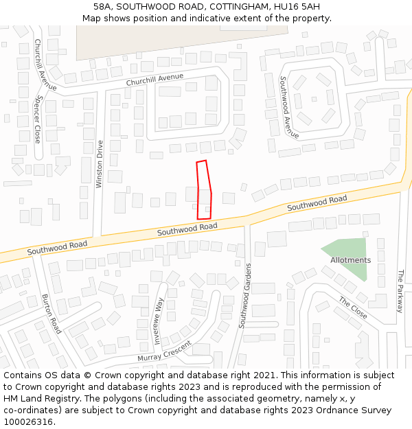 58A, SOUTHWOOD ROAD, COTTINGHAM, HU16 5AH: Location map and indicative extent of plot
