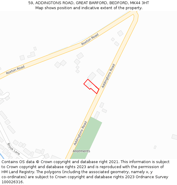 59, ADDINGTONS ROAD, GREAT BARFORD, BEDFORD, MK44 3HT: Location map and indicative extent of plot