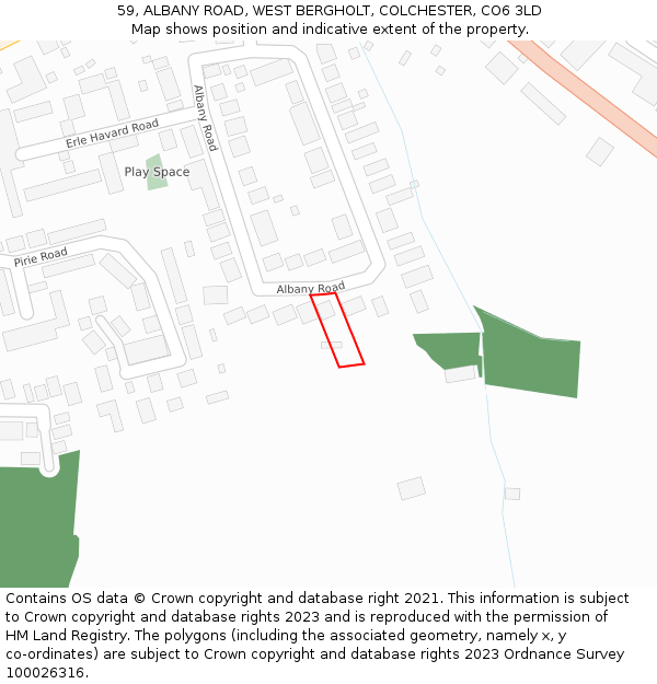 59, ALBANY ROAD, WEST BERGHOLT, COLCHESTER, CO6 3LD: Location map and indicative extent of plot