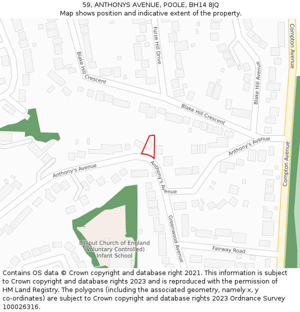 59, ANTHONYS AVENUE, POOLE, BH14 8JQ: Location map and indicative extent of plot