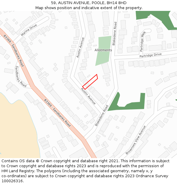 59, AUSTIN AVENUE, POOLE, BH14 8HD: Location map and indicative extent of plot