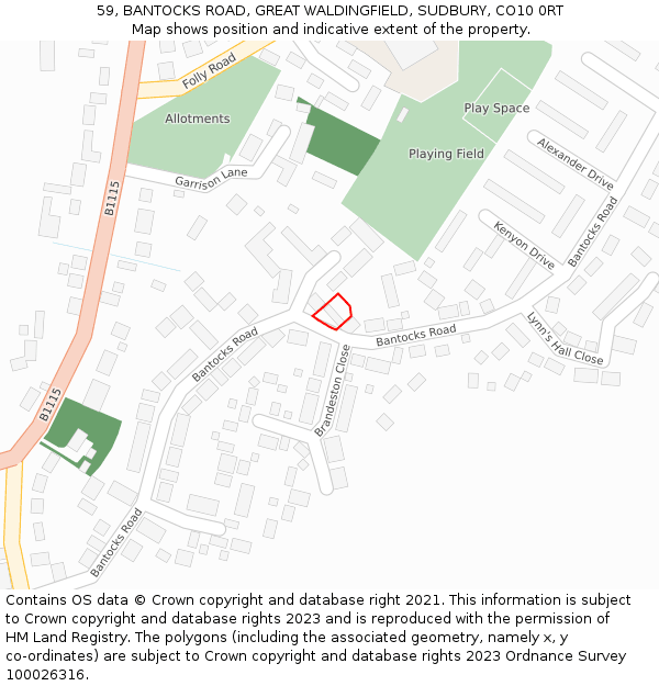 59, BANTOCKS ROAD, GREAT WALDINGFIELD, SUDBURY, CO10 0RT: Location map and indicative extent of plot