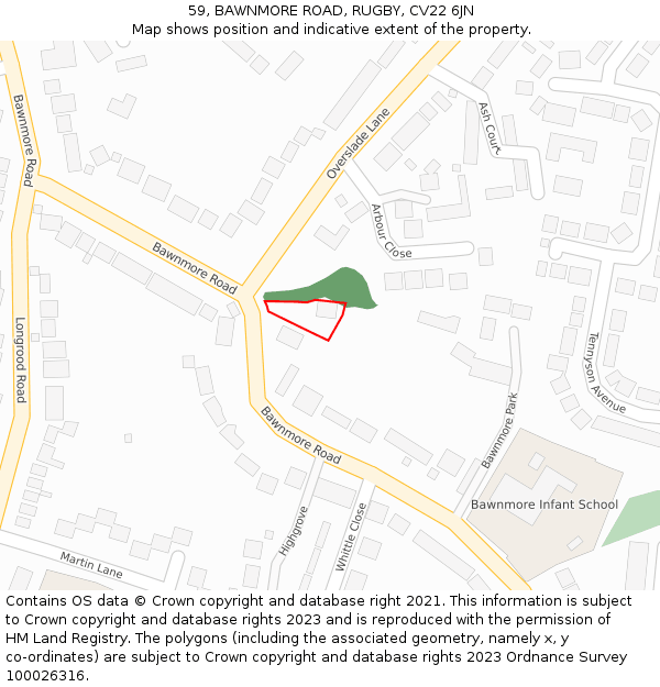 59, BAWNMORE ROAD, RUGBY, CV22 6JN: Location map and indicative extent of plot