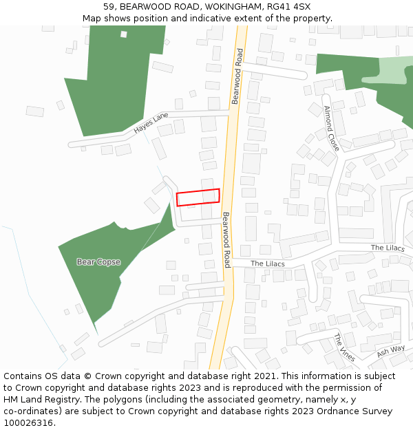 59, BEARWOOD ROAD, WOKINGHAM, RG41 4SX: Location map and indicative extent of plot