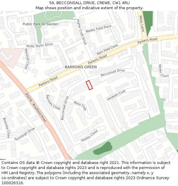 59, BECCONSALL DRIVE, CREWE, CW1 4RU: Location map and indicative extent of plot