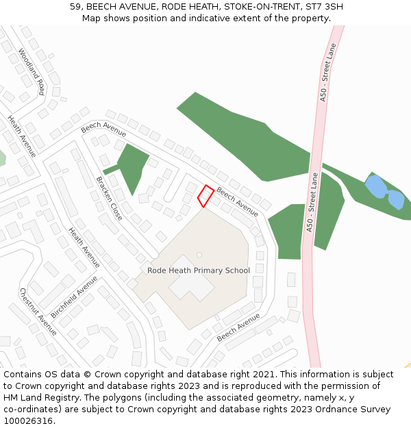 59, BEECH AVENUE, RODE HEATH, STOKE-ON-TRENT, ST7 3SH: Location map and indicative extent of plot