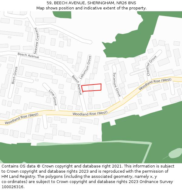 59, BEECH AVENUE, SHERINGHAM, NR26 8NS: Location map and indicative extent of plot