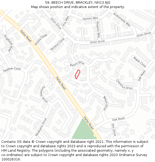 59, BEECH DRIVE, BRACKLEY, NN13 6JG: Location map and indicative extent of plot