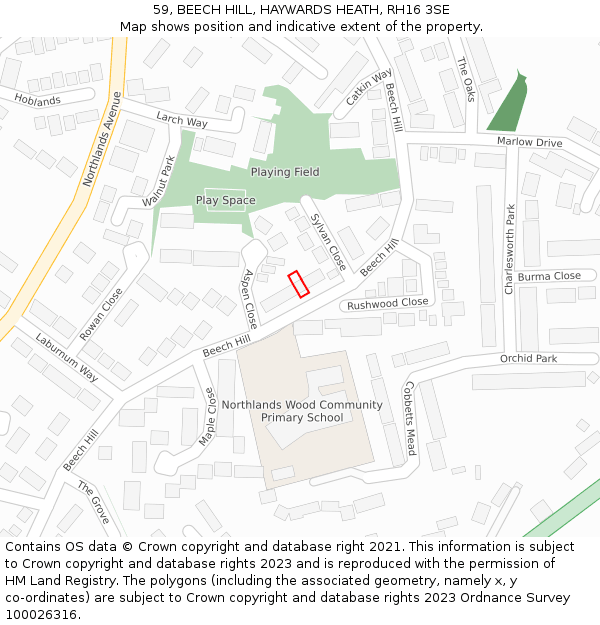 59, BEECH HILL, HAYWARDS HEATH, RH16 3SE: Location map and indicative extent of plot