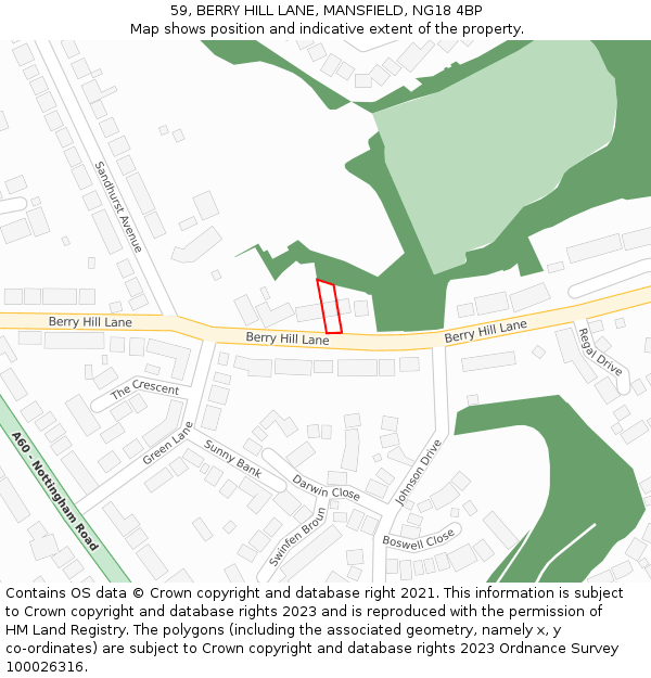 59, BERRY HILL LANE, MANSFIELD, NG18 4BP: Location map and indicative extent of plot
