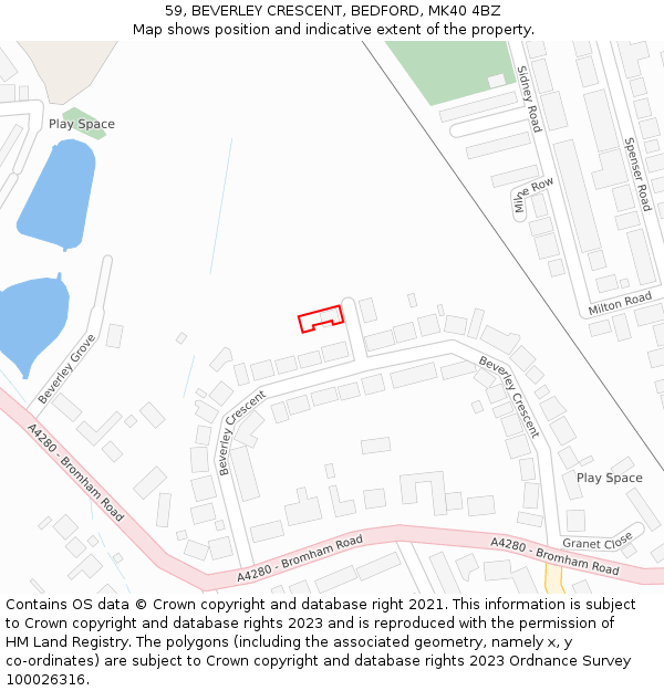 59, BEVERLEY CRESCENT, BEDFORD, MK40 4BZ: Location map and indicative extent of plot