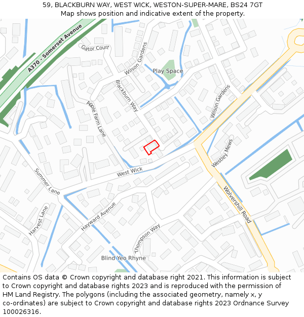 59, BLACKBURN WAY, WEST WICK, WESTON-SUPER-MARE, BS24 7GT: Location map and indicative extent of plot