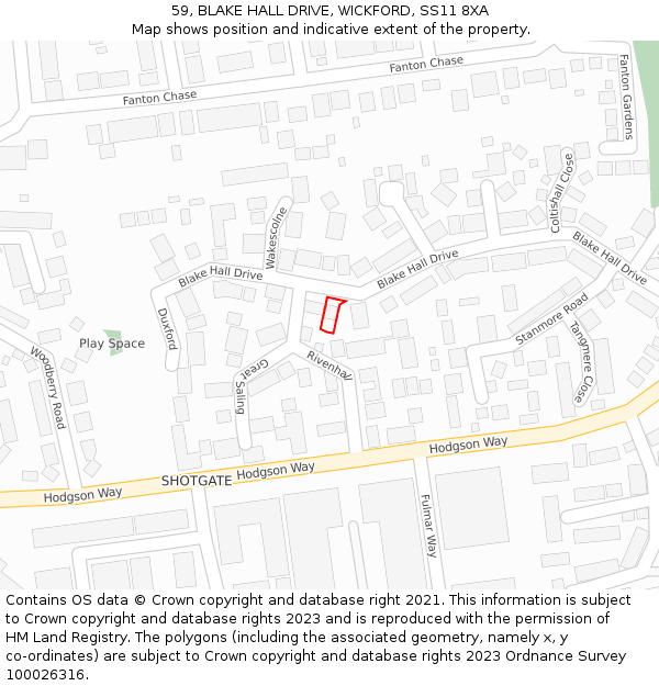 59, BLAKE HALL DRIVE, WICKFORD, SS11 8XA: Location map and indicative extent of plot