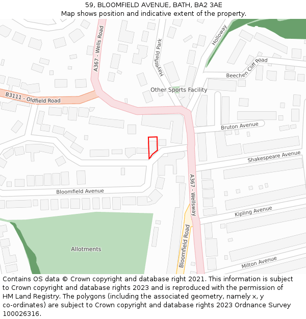 59, BLOOMFIELD AVENUE, BATH, BA2 3AE: Location map and indicative extent of plot