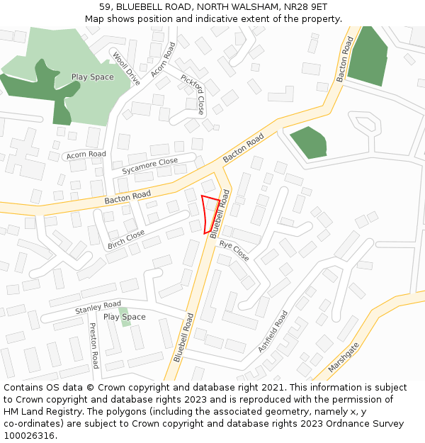59, BLUEBELL ROAD, NORTH WALSHAM, NR28 9ET: Location map and indicative extent of plot