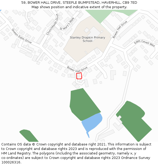 59, BOWER HALL DRIVE, STEEPLE BUMPSTEAD, HAVERHILL, CB9 7ED: Location map and indicative extent of plot