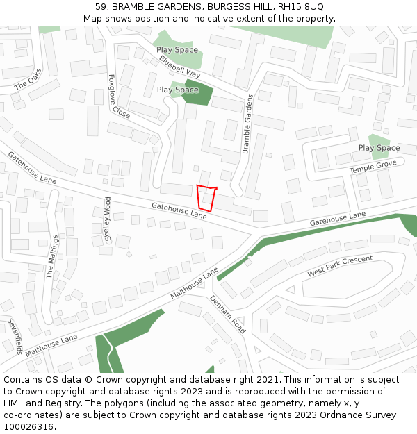 59, BRAMBLE GARDENS, BURGESS HILL, RH15 8UQ: Location map and indicative extent of plot