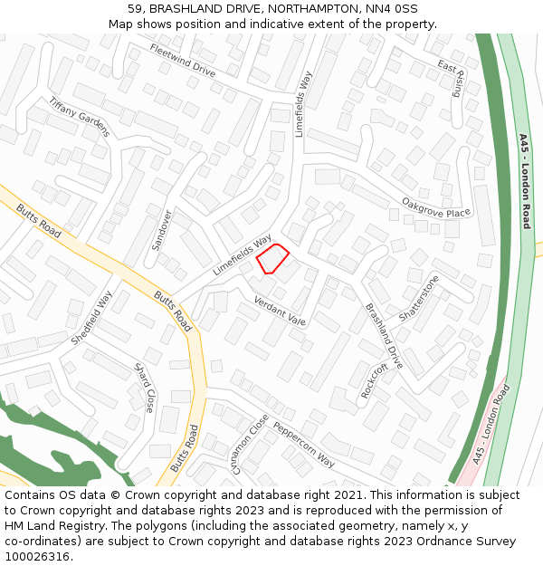 59, BRASHLAND DRIVE, NORTHAMPTON, NN4 0SS: Location map and indicative extent of plot