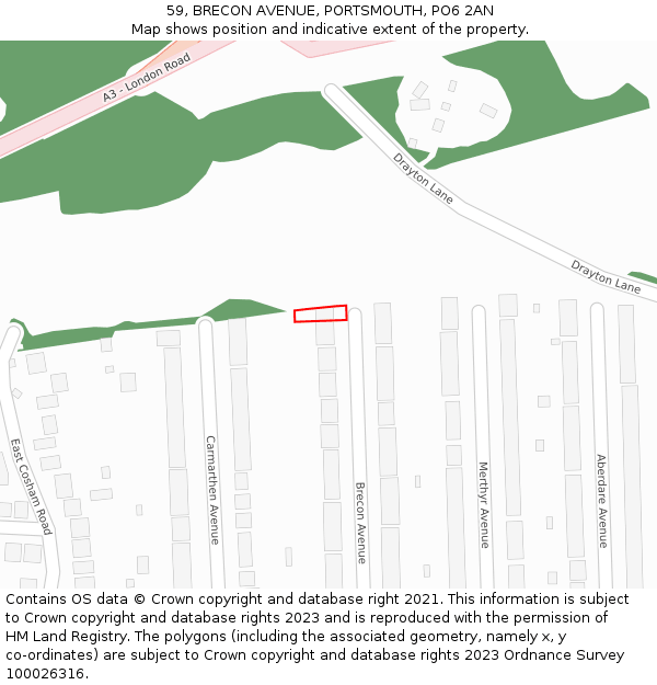 59, BRECON AVENUE, PORTSMOUTH, PO6 2AN: Location map and indicative extent of plot