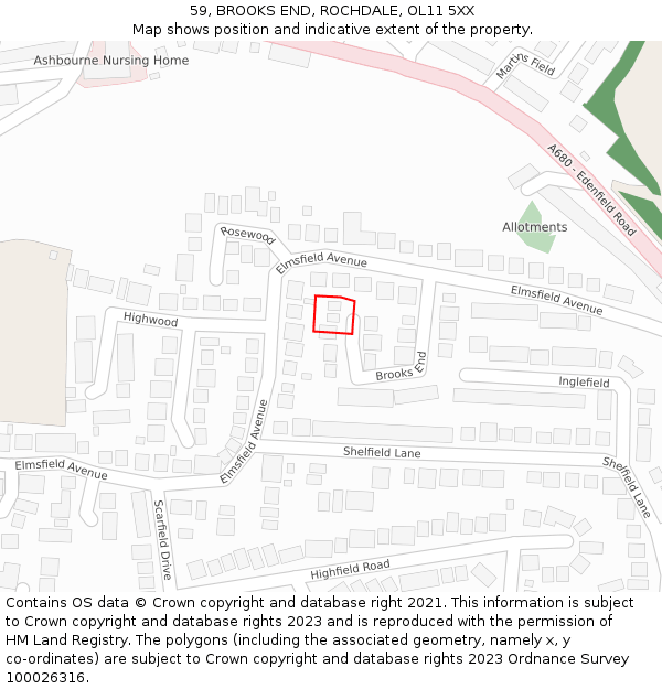 59, BROOKS END, ROCHDALE, OL11 5XX: Location map and indicative extent of plot