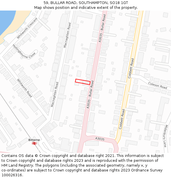 59, BULLAR ROAD, SOUTHAMPTON, SO18 1GT: Location map and indicative extent of plot