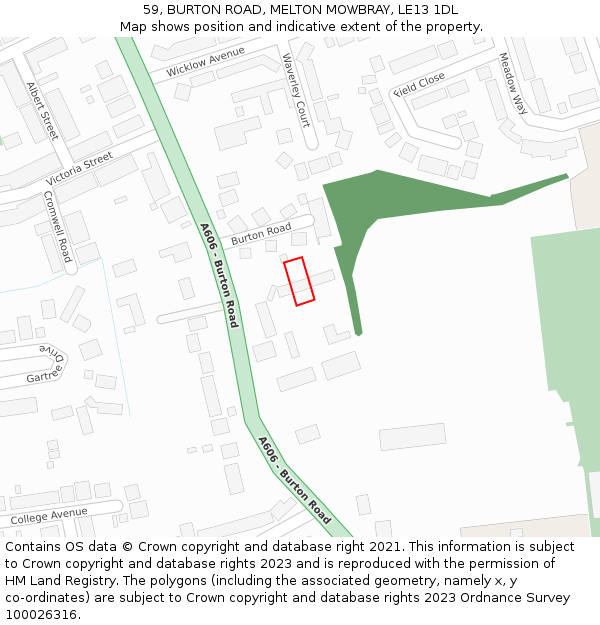 59, BURTON ROAD, MELTON MOWBRAY, LE13 1DL: Location map and indicative extent of plot