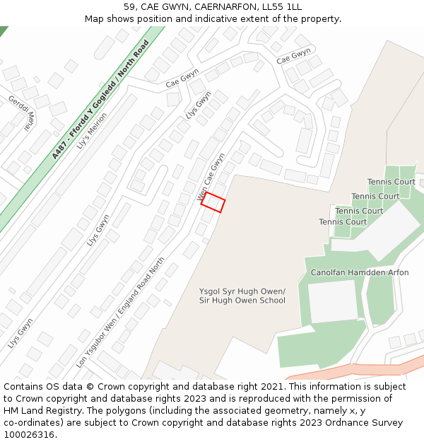 59, CAE GWYN, CAERNARFON, LL55 1LL: Location map and indicative extent of plot