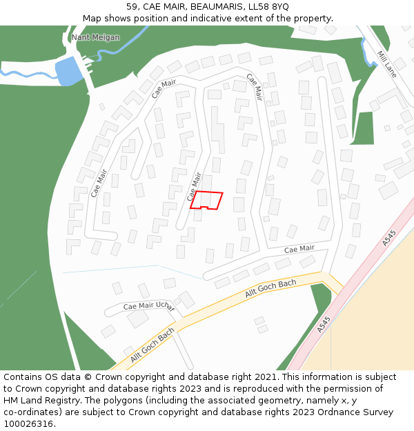 59, CAE MAIR, BEAUMARIS, LL58 8YQ: Location map and indicative extent of plot