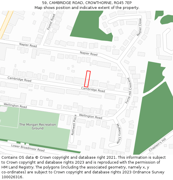 59, CAMBRIDGE ROAD, CROWTHORNE, RG45 7EP: Location map and indicative extent of plot