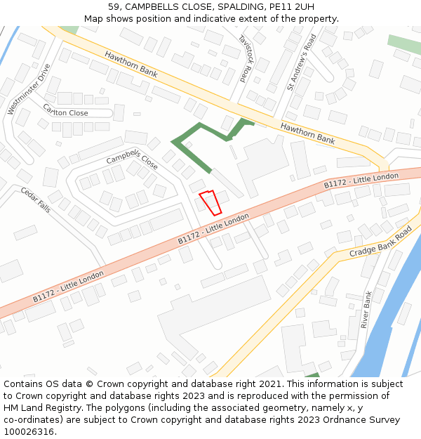 59, CAMPBELLS CLOSE, SPALDING, PE11 2UH: Location map and indicative extent of plot