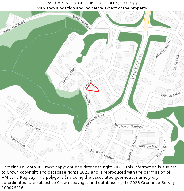 59, CAPESTHORNE DRIVE, CHORLEY, PR7 3QQ: Location map and indicative extent of plot