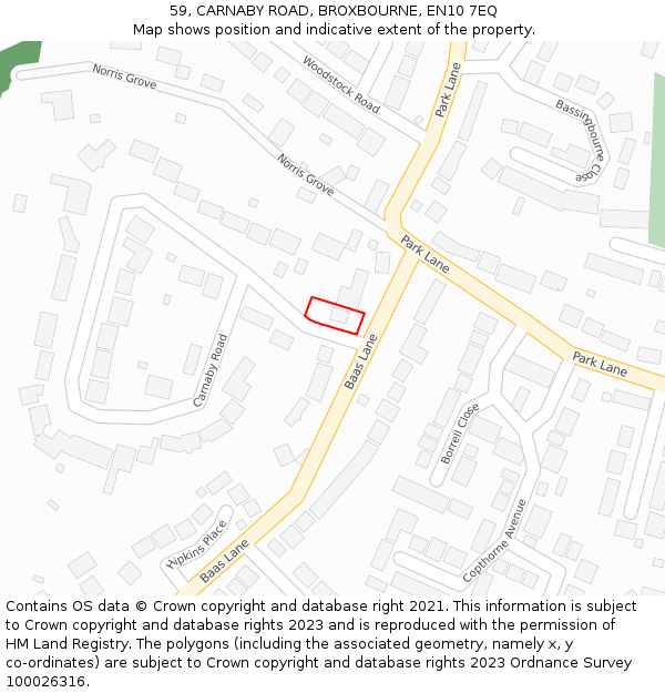 59, CARNABY ROAD, BROXBOURNE, EN10 7EQ: Location map and indicative extent of plot